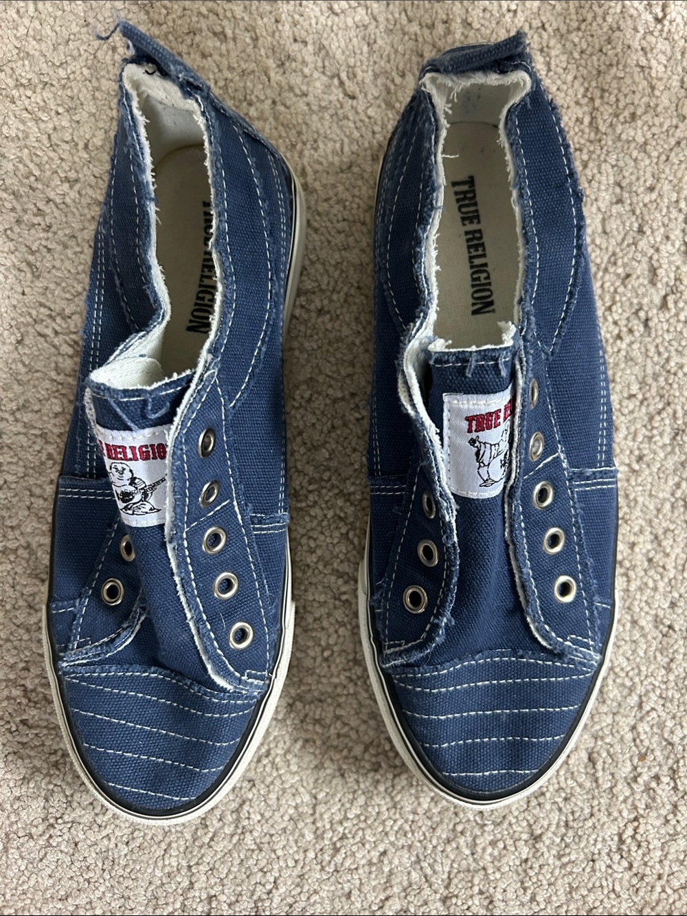 True Religion Navy Canvas Slip-On Sneakers with Contrast Stitching